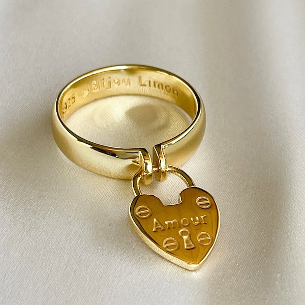 Heart Padlock Ring, Amour Heart Ring, French Wedding Jewelry, Gold Lock Jewelry, French Word, Parisian Style, Unique Ring Gift. Gift for her