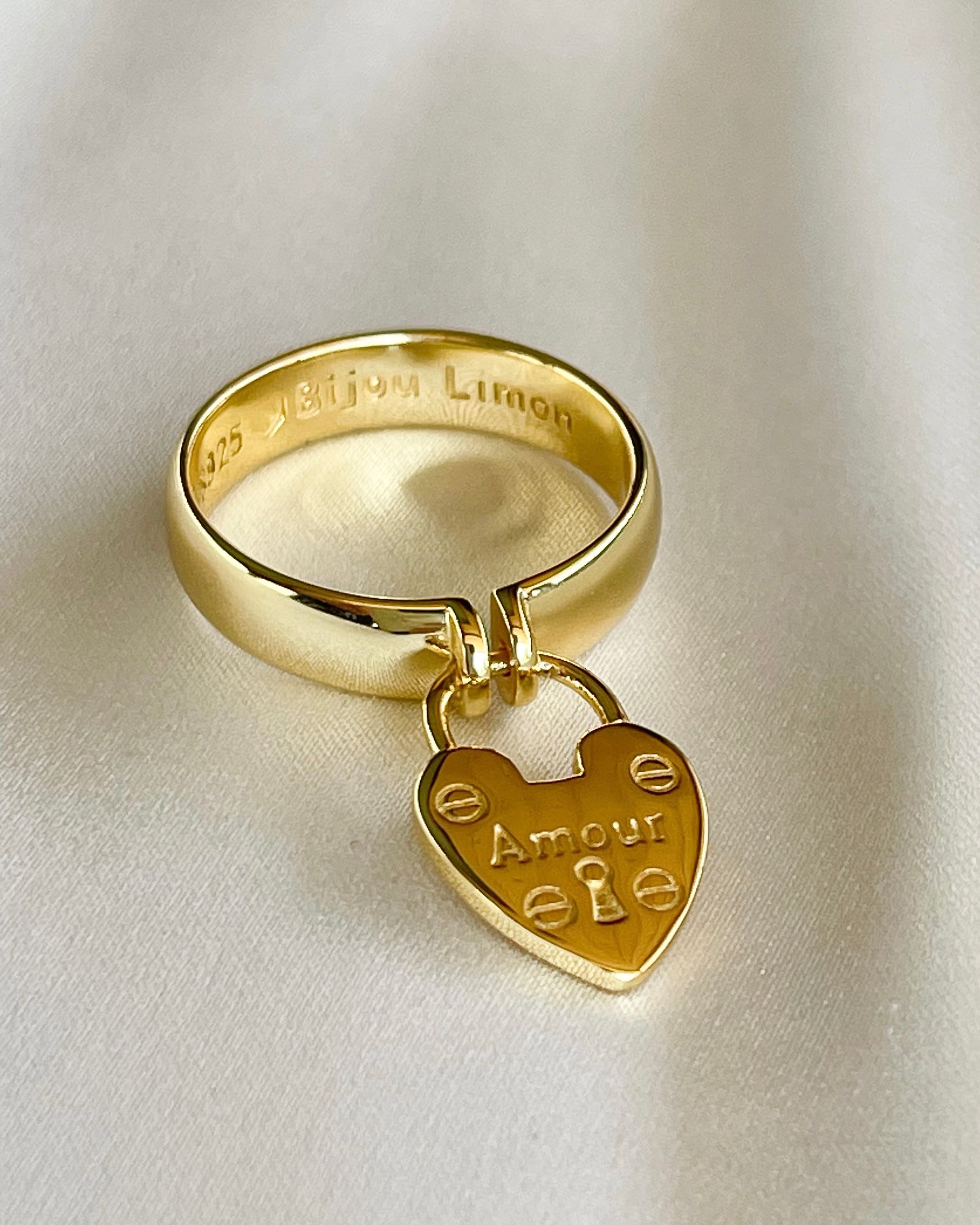 Amour Heart Padlock Ring: 18k Gold Plated Silver French Wedding