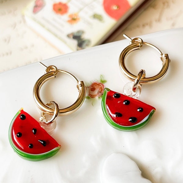 Watermelon Hoop Earring, Fruit Jewelry, Fruit charm earrings, Beach Jewelry, Birthday Gift for her, Women Gardener, Summer Gift, Mom Gift