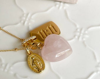 Madonna Charm Necklace, Rose Quartz Heart, 11:11 tag Necklace, Gold Traveler Jewelry, Gift for Mom, Gift for Women, Graduation Gift For Her