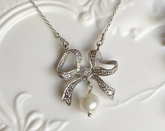 Collier noeud en argent, bijoux de mariage en France, style croquette, bijoux Marie-Antoinette, cadeau maman, cadeau soeur, style rococo, anniversaire