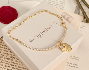 Gold Heart Lock Tennis Bracelet: 18kt Gold Plated Silver, Adjustable