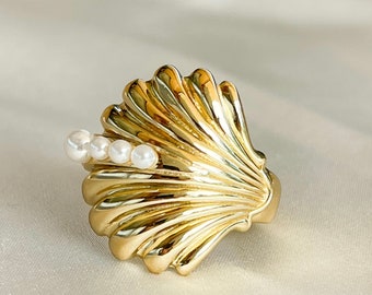 Bague en coquillage d’or, bijoux en pierre de naissance en perles, bague en or pétoncle, bijoux en coquillage Aphrodite, bijoux de plage, bague en pétoncle en or, cadeau pour elle