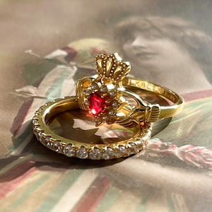 Gold Claddagh Ring, Irish Promise Ring, Hand Jewelry, Ruby Ring, Heart Ring, Pearl, I Love Paris, French Girl, rococo jewelry, gift for her image 4