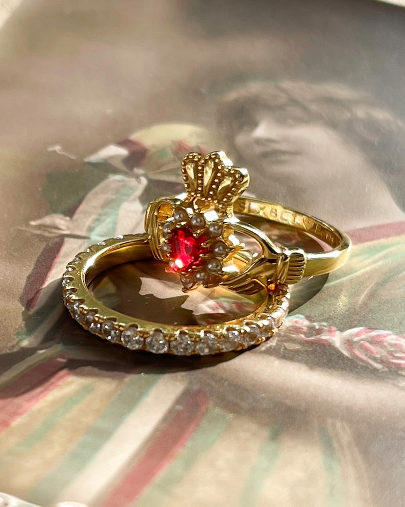 Gold Claddagh Ring, Irish Promise Ring, Hand Jewelry, Ruby Ring, Heart Ring, Pearl, I Love Paris, French Girl, rococo jewelry, gift for her image 4