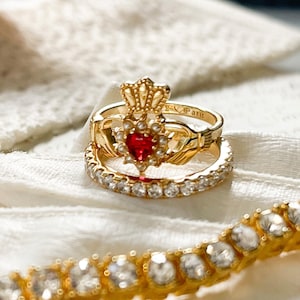 Gold Claddagh Ring, Irish Promise Ring, Hand Jewelry, Ruby Ring, Heart Ring, Pearl, I Love Paris, French Girl, rococo jewelry, gift for her image 8