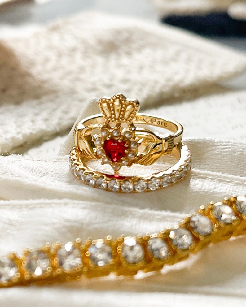 Gold Claddagh Ring, Irish Promise Ring, Hand Jewelry, Ruby Ring, Heart Ring, Pearl, I Love Paris, French Girl, rococo jewelry, gift for her image 8