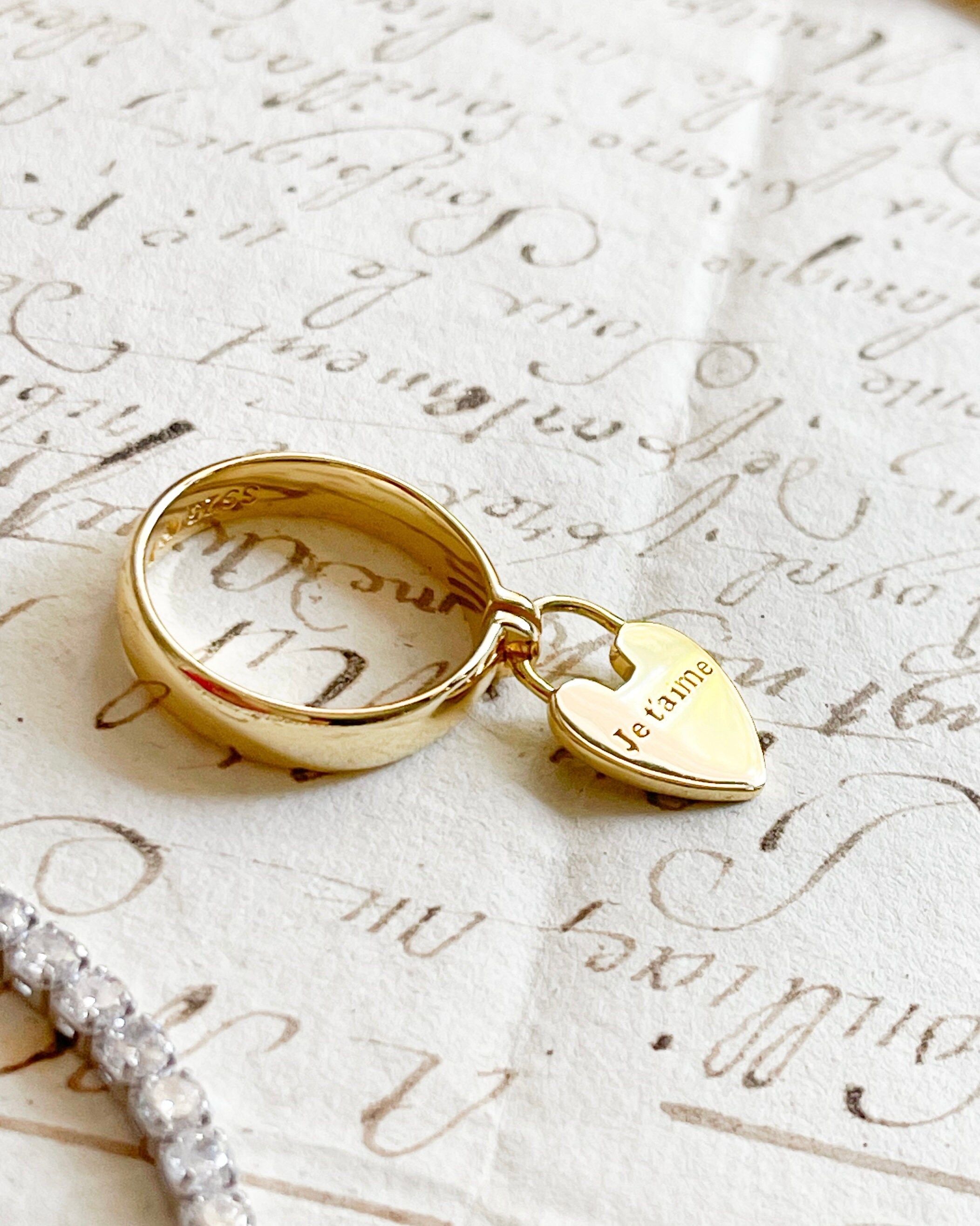 Amour Heart Padlock Ring: 18k Gold Plated Silver French Wedding