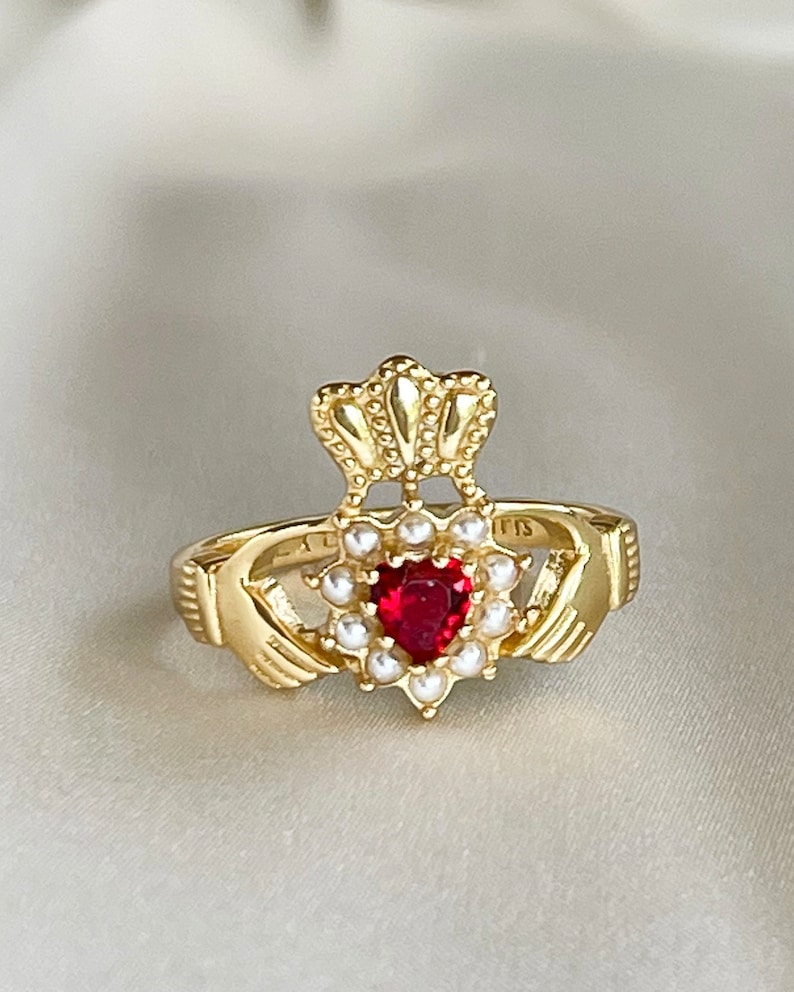 Gold Claddagh Ring, Irish Promise Ring, Hand Jewelry, Ruby Ring, Heart Ring, Pearl, I Love Paris, French Girl, rococo jewelry, gift for her image 5