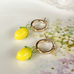 Glass Lemon Hoop Earrings: Gold Filled Citrus Jewelry