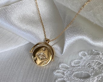 Collar giratorio de ojo malvado dorado: colgante de estilo vintage, chapado en oro