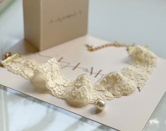 Gargantilla de encaje de perlas, collar francés de marfil, joyería cottagecore