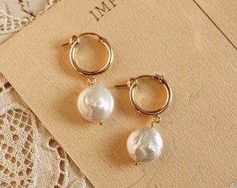 Coin Pearl Earrings, Pearl Hoop Earrings, Beach Wedding Jewelry, Minimalists, French Wedding