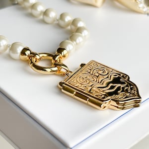 Gold Shield Locket Necklace: Hand Knotted Pearl, Rococo French Jewelry