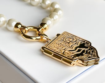 Gold Shield Locket Necklace: Hand Knotted Pearl, Rococo French Jewelry