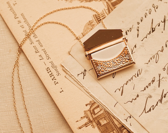 Gold Plated Love Letter Locket Necklace, Tiny Note, French Jewelry