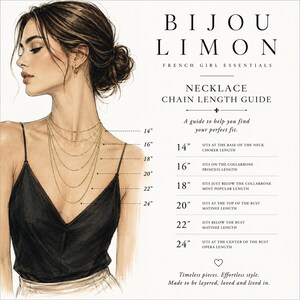 Puede incluir: Una gu&iacute;a de longitud de cadenas de collar de Bijou Limon con la ilustraci&oacute;n de una persona usando seis cadenas doradas en capas. El texto muestra longitudes de 14 a 24 pulgadas, describiendo c&oacute;mo se posiciona cada cadena en el cuello y el busto.