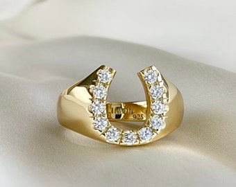 Gold Horseshoe Ring, Diamond Horseshoe Ring, Vintage Horseshoe Ring, Lucky Horseshoe Jewelry, Equestrian Ring, Statement Ring, Gift for her