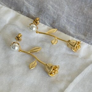 Rose Pearl Dangle Earrings, French Rococo Style, Gold Plated Jewelry