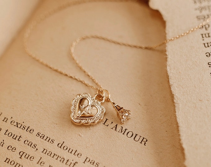 Eiffel Tower Necklace: Gold Heart Charm, Parisian Jewelry, Gold Plated