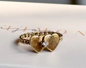 Vintage Double Heart 14K Gold Ring – White Stone, Midi Pinky Stacking Jewelry