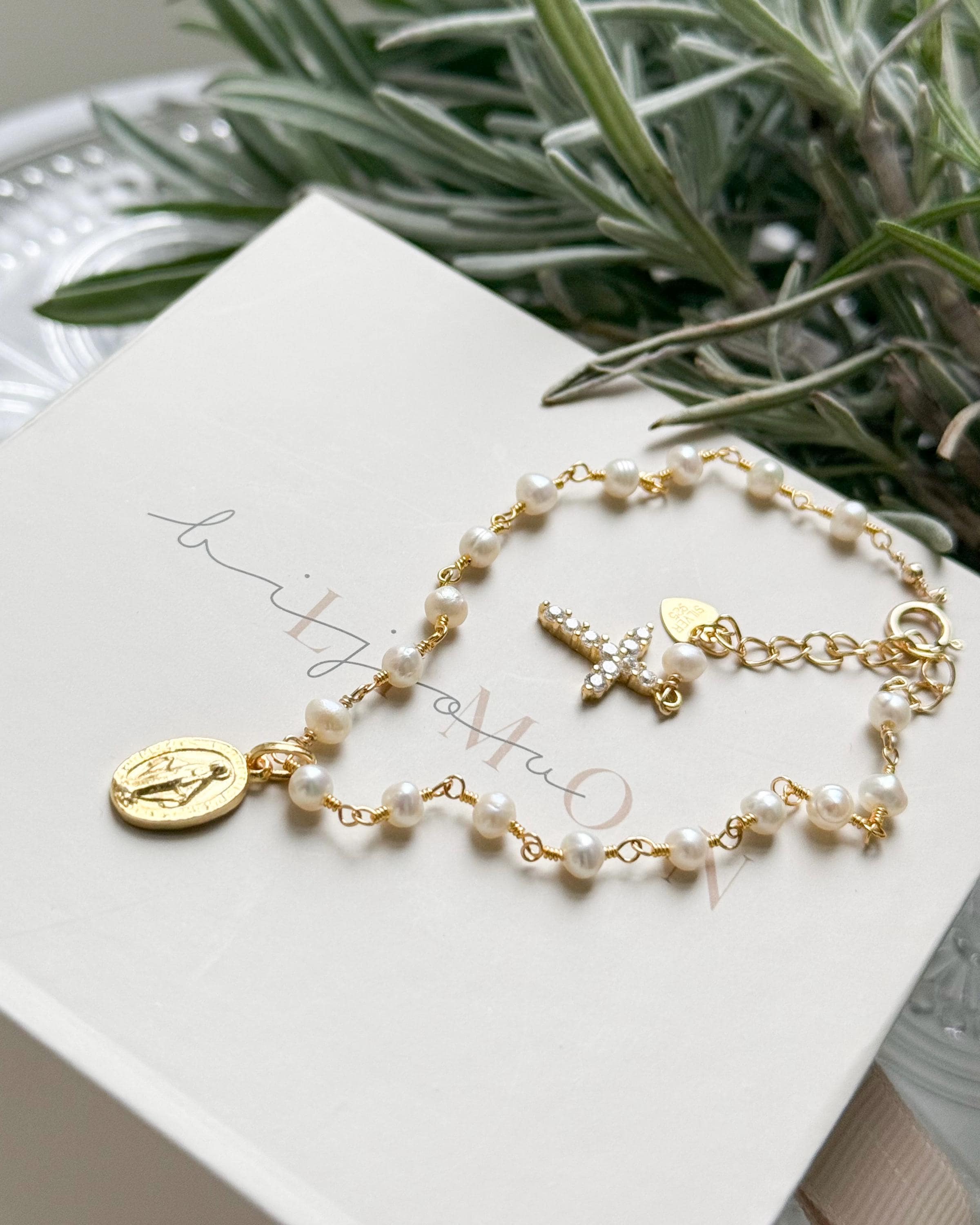 Pearl Rosary Bracelet: Madonna Charm, Rhinestone Cross