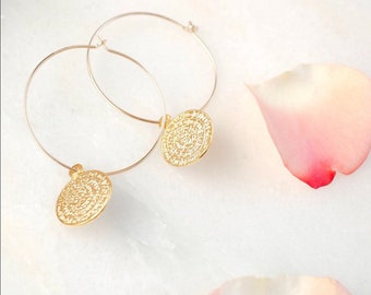 Gold Greek Coin Hoop Earrings: Gold Plated Silver Disc