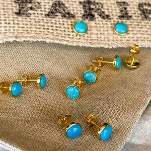 Natural turquoise studs earrings, Turquoise Minimalist Earring, Birthstone jewelry, Turquoise Solitaire Stud Earring, Gold Turquoise jewelry image 8