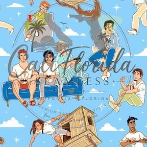 May include: A seamless pattern on a light blue background featuring various cartoon male characters in casual settings, including sitting on a blue sofa, relaxing in chairs, eating popcorn, and interacting with a wooden treehouse structure.