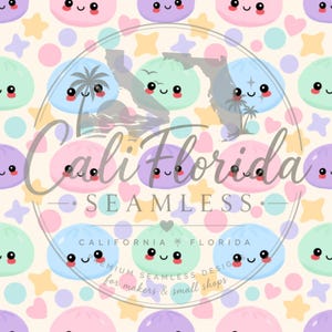 May include: A seamless pattern featuring cute, round, pastel-colored characters with smiling faces, interspersed with small stars, hearts, and circles on a cream background. A watermark with the text Cali Florida Seamless is overlaid.
