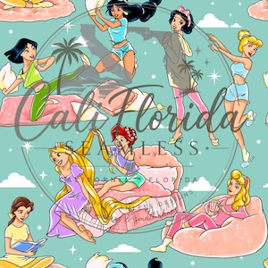 May include: A seamless pattern on a light teal background featuring various cartoon princesses in casual loungewear, including characters with long blonde hair, red hair, and dark hair, interacting with pillows, blankets, and books, with a watermark.