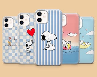 Snoopy-Handyhülle mit Woodstock-Cartoon-Hund-Streifenmuster für iPhone 17, 16, 15, 14, 13, Samsung S25 Ultra, S24, S23 FE, A54, A34, A15, A14, Pixel 9 Pro, 8A, 7A