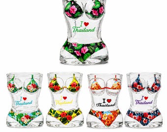 Vaso de chupito con diseño de bikini de recuerdo de Tailandia – Diseños surtidos, vaso tropical divertido, regalo "Me encanta Tailandia".