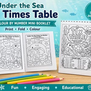 May include: An Under the Sea 11 Times Table colour by number mini booklet featuring black and white line art of sea creatures like a turtle and dolphin. The booklet includes multiplication problems, a colour code key, and four coloured pencils.