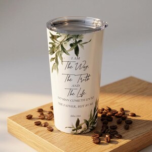 Gepersonaliseerde drinkbeker met olijftakmotief en Bijbeltekst, geïsoleerde beker met eigen Bijbelvers, christelijk cadeau, huwelijks- of doopcadeau voor bruidsmeisjes, 590 ml