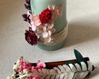 Gift box: decorated candle and matching hair clip. Romantic boho decor