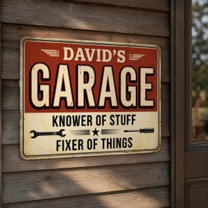 May include: A rectangular metal sign with a red and cream background. The text reads DAVID'S GARAGE, KNOWER OF STUFF, and FIXER OF THINGS. It features a wrench and a screwdriver graphic with a central star, all rendered in a distressed finish.