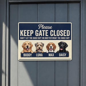 May include: A rectangular sign with a dark blue and cream background featuring the text Please KEEP GATE CLOSED DON'T LET THE DOGS OUT! NO MATTER WHAT THE DOGS SAY! Four illustrated dogs are shown with the names BUDDY, LUNA, MAX, and DAISY below.