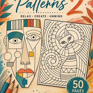 May include: A coloring book titled ZENDOODLE Patterns 2 with the subtitle RELAX CREATE UNWIND. The cover features a geometric face illustration and a cat line drawing, with 50 PAGES OF ZENDOODLE DESIGNS and three colored pencils at the bottom.