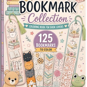 以下が含まれることがあります： 「Color & Bookmark Collection」というタイトルの塗り絵ブックで、125種類のしおりが収録されています。表紙には本の上に乗った猫、クマ、カエル、そして花やスイーツの模様が描かれた様々なデザインのしおりのイラストが掲載されています。