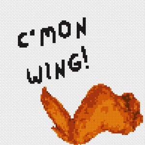 May include: A pixel art design featuring a golden-brown fried chicken wing positioned below the black text C'MON WING! set against a white grid background. The image uses a blocky, digital aesthetic to depict the food item and the lettering.