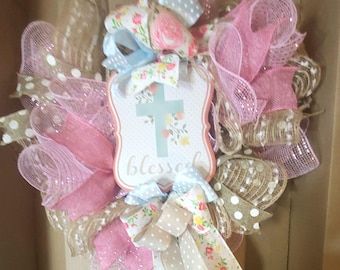 All Season, Easter,  Baptism, Blessed, Cross Mesh Wreath for front door, Religious or Christian Cross Decor,