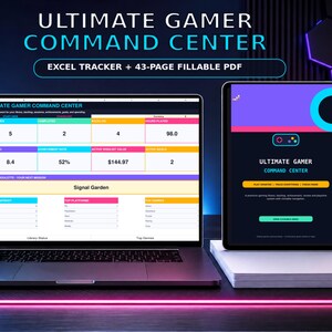 以下が含まれることがあります： ノートパソコンとタブレットに表示されたUltimate Gamer Command Center。Excelトラッカーと43ページの記入可能なPDFです。画面にはカラフルなデータテーブル、ゲームの統計、Total Games、Completed、Backlogなどのテキストを含むナビゲーションメニューが表示されています。