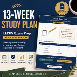 May include: A 13-week study plan for LMSW exam prep in ASWB 2026 format. The document features a weekly roadmap, domain breakdown by exam weight, and a sample week preview with a checklist. Includes icons for calendar, daily targets, and progress.