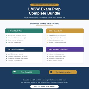 Puede incluir: Guía de estudio LMSW Exam Prep Complete Bundle para el formato de agosto de 2026. Incluye un plan de estudio de 13 semanas, guía de ética, 100 preguntas de práctica y listas de verificación. Disponible en PDF imprimible o digital.
