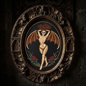 Kreuzstichmuster „Gothic Fledermaus-Skelett“ (PDF), Stickvorlage für dunkle Fantasy, gotische Feenstickerei, Halloween-Wanddeko