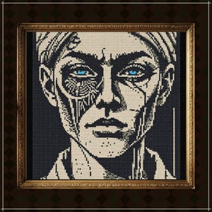 May include: A cross-stitch pattern featuring a stylized portrait of a person with short hair, rendered in black and white thread on a dark background. The design highlights sharp facial features and intricate geometric patterns, with bright blue eyes.