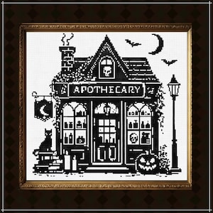 May include: A black and white cross stitch pattern featuring an apothecary shop with a skull in the window, a cat, a jack-o'-lantern, and bats under a crescent moon. The word APOTHECARY is printed above the shop entrance in a framed display.