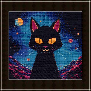 Kosmisk galaxkattunge korsstygnsmönster PDF, broderidiagram med svart katt, handarbete med himmelska katter, väggkonst med rymdfantasi