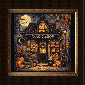 May include: A framed cross-stitch embroidery depicting a storefront labeled MAGIC SHOP, featuring a glowing interior, pumpkins, a full moon with bats, and autumn foliage in shades of orange, yellow, and deep black, all set within a gold frame.